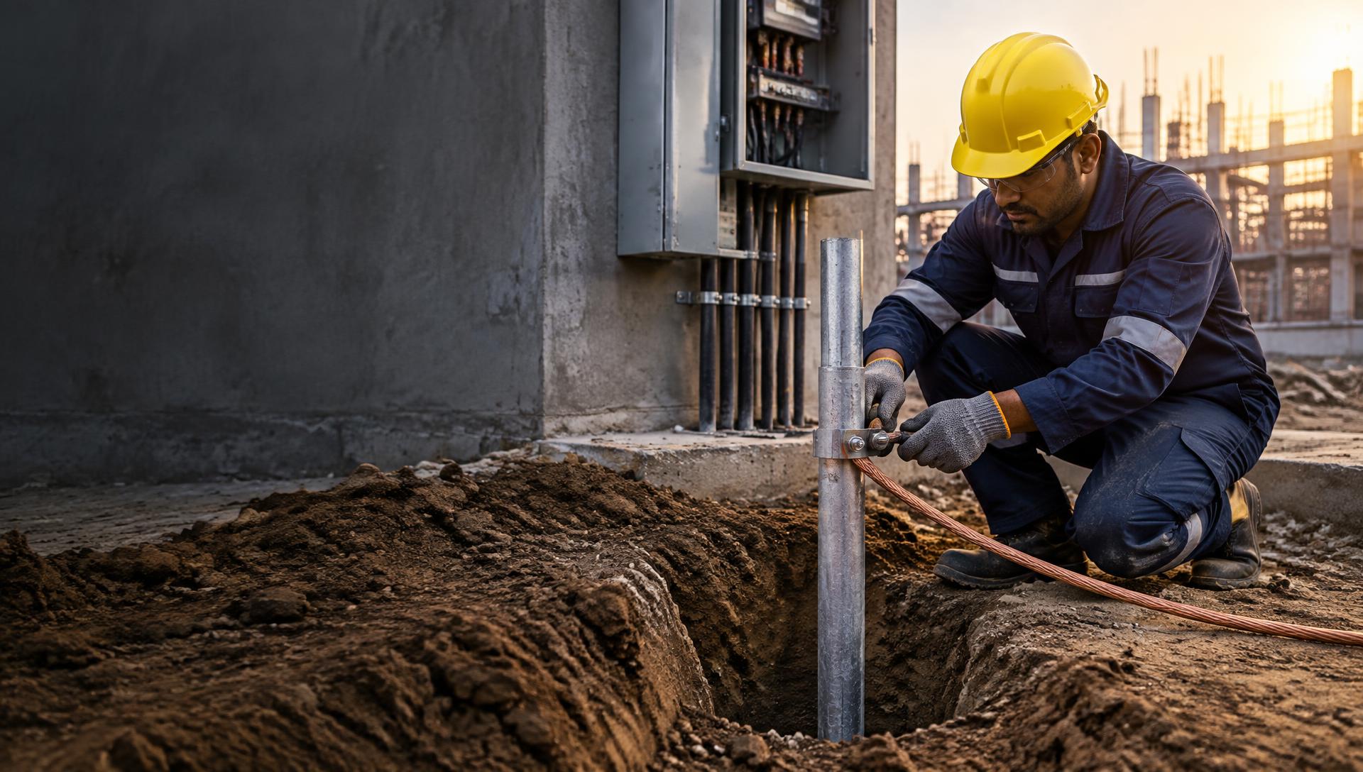 Electrical professional installing an earthing electrode
