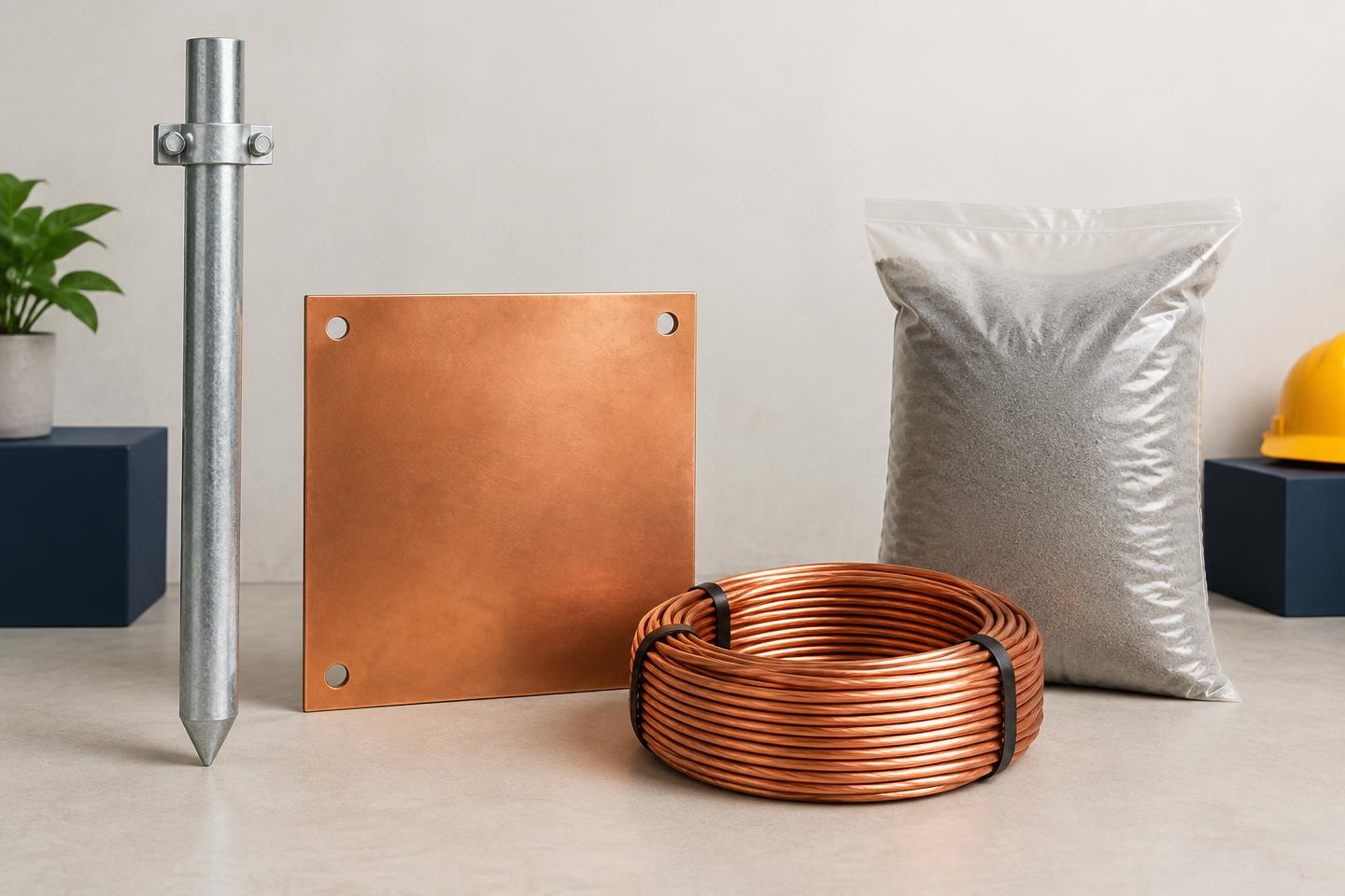 Earthing electrode, copper plate, cable and compound